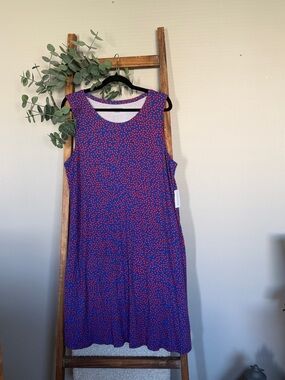 Amazon Essentials Blue Sleeveless Midi Dress with Red Floral Dot Print